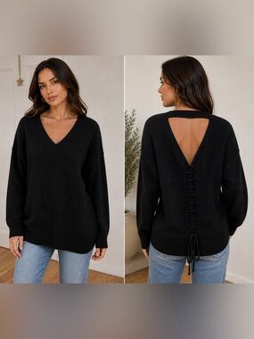 Women’s Black Lace-up Back Vneck Tunic Pullover Sweater Size Small